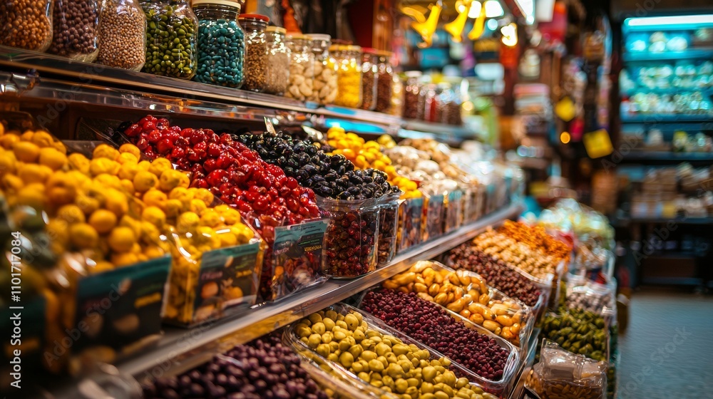 Vibrant assortment of preserved vegetables and olives in a market Vibrant assortment of preserved vegetables and olives in a market