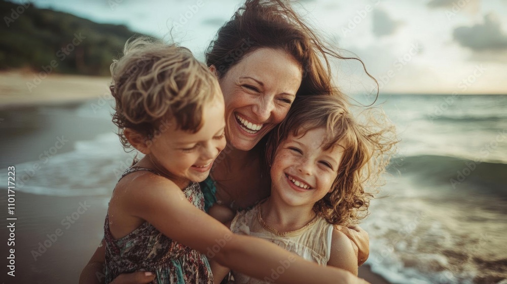 Joyful family moment at the beach mother and children emotional photography sunset environment gigapixel high fidelity Joyful family moment at the beach mother and children emotional photography sunset environment gigapixel high fidelity