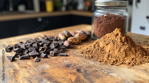 A rustic kitchen countertop with a pile of cacao beans, cocoa powder, and dark chocolate pieces photo