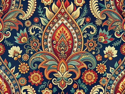 Ethnic Paisley Floral Pattern Design for Textile and Decoration - Indian Motifs with Damask Style, Perfect for Home Decor and Fashion Applications