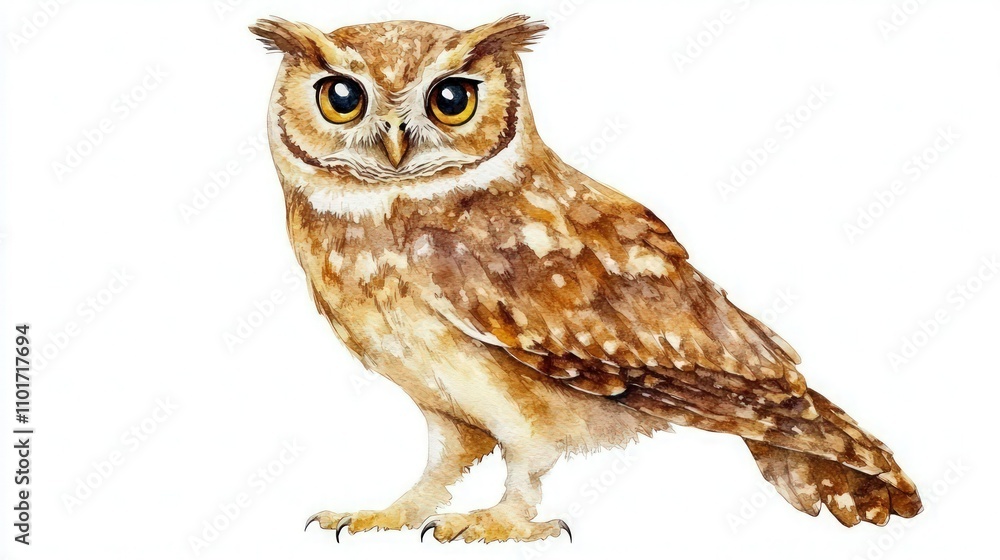 Cute Watercolor Owl In Natural State Standing Gracefully on white Cute Watercolor Owl In Natural State Standing Gracefully on white