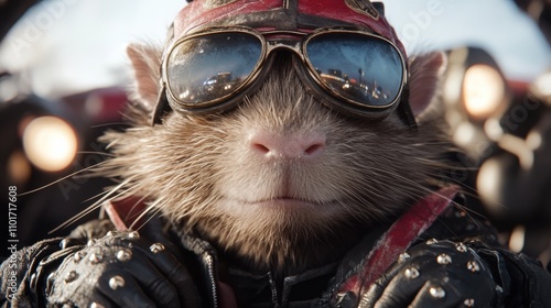 A cool mouse wearing aviator goggles and a leather jacket exudes biker vibes, AI photo