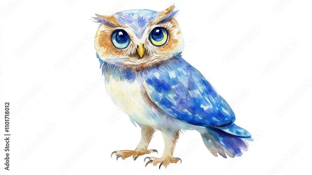 Fototapeta premium Watercolor illustration of a small owl with big blue eyes standing isolated on a clean white background for children's design.