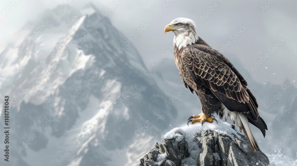 Fototapeta premium A beautiful eagle with sharp talons, perched on a mountain peak on a white background