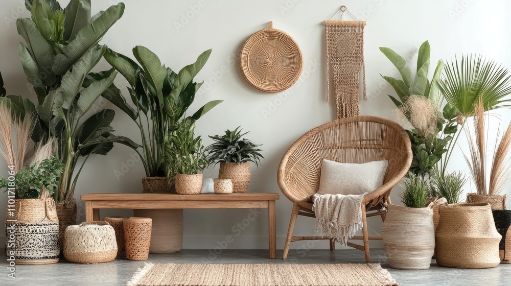 Fototapeta premium A peaceful room setting with a rattan chair, woven wall hanging, and various potted plants. Natural textures and earthy tones create a calming atmosphere.