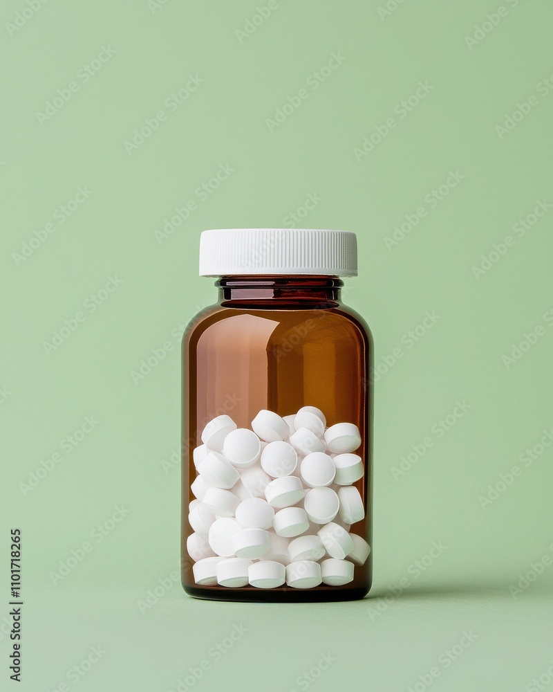 A clear, amber bottle filled with white pills stands against a soft green background, presenting a clean and minimalist aesthetic. A clear, amber bottle filled with white pills stands against a soft green background, presenting a clean and minimalist aesthetic.