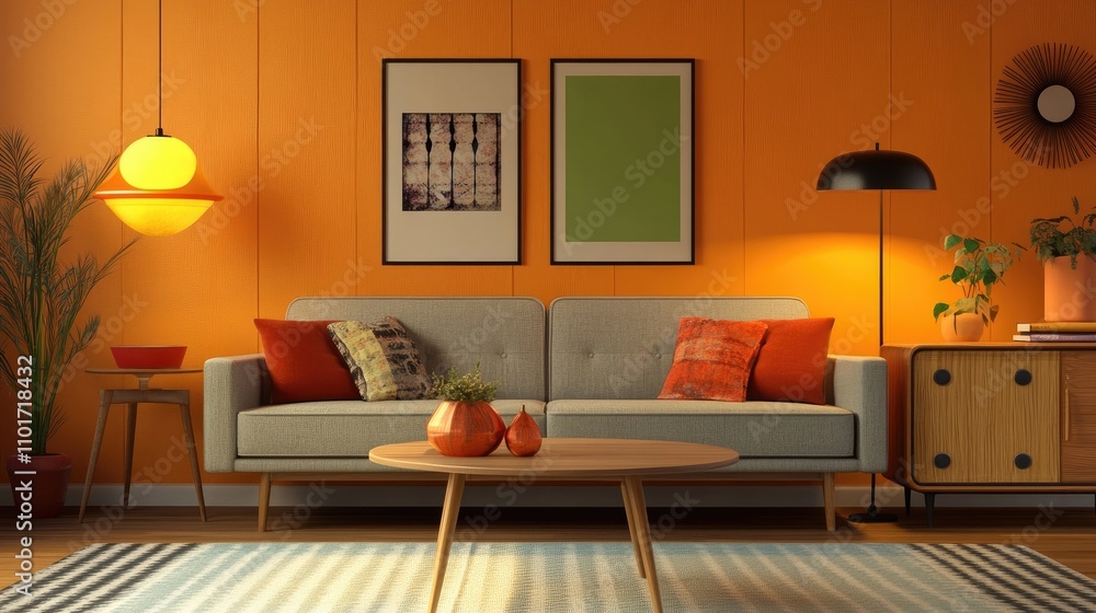 Obraz premium Mid-century modern living room with orange walls, a gray sofa, and stylish decor. The room is softly lit, creating a warm and inviting atmosphere.
