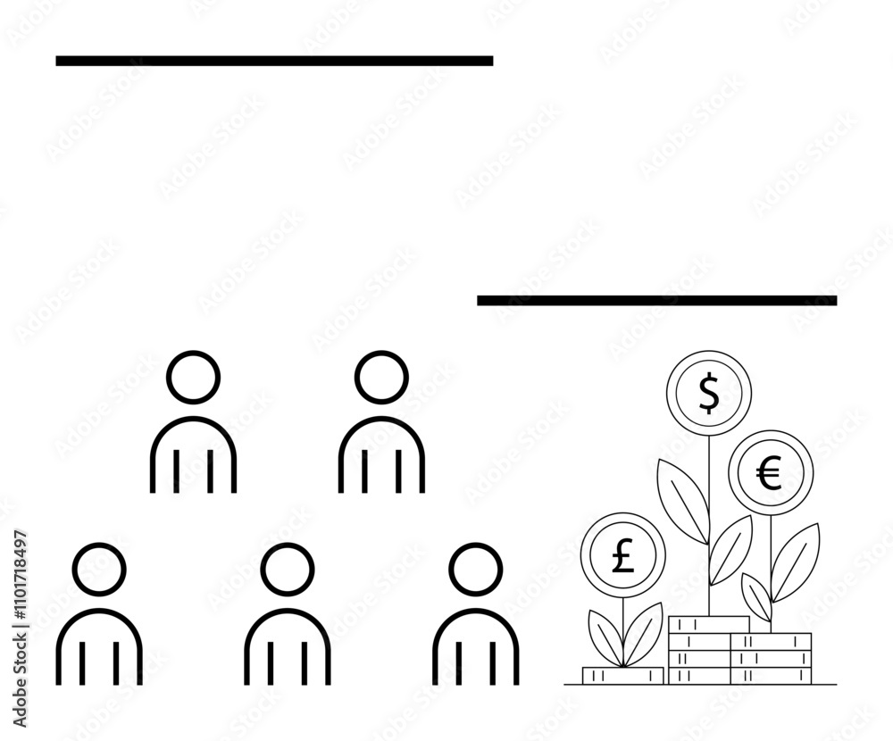 Stick figures, growing money plant with currency symbols dollar, pound, euro and line metaphor for financial growth concept. Ideal for business, teamwork, investment, growth, savings, economy Stick figures, growing money plant with currency symbols dollar, pound, euro and line metaphor for financial growth concept. Ideal for business, teamwork, investment, growth, savings, economy