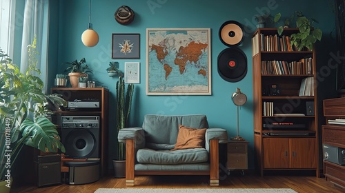 Wallpaper Mural A teal-walled living room features a mid-century modern armchair, vintage stereo, and a world map, creating a retro atmosphere. Plants add life to the space. Torontodigital.ca