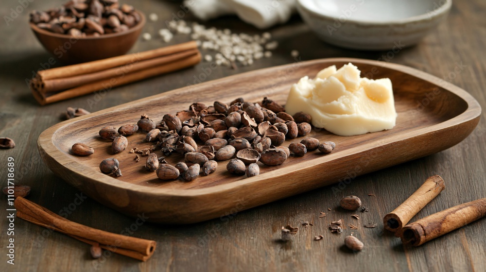 A wooden tray with cacao beans and raw cocoa butter, surrounded by cinnamon sticks, on a rustic kitchen table A wooden tray with cacao beans and raw cocoa butter, surrounded by cinnamon sticks, on a rustic kitchen table