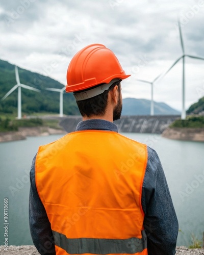 A worker in a safety vest and helmet observes a wind farm by a reservoir, highlighting renewable energy and environmental sustainability.