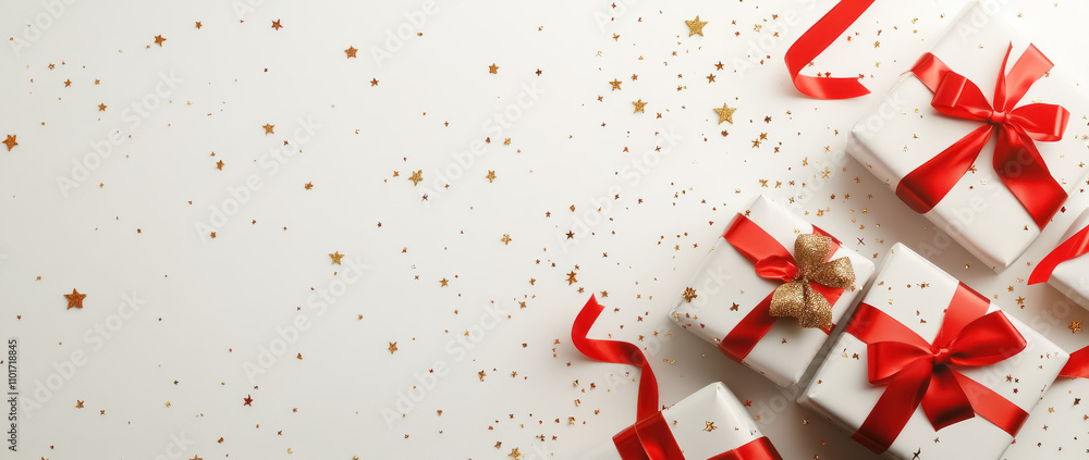 white gift boxes with red ribbons and golden stars white gift boxes with red ribbons and golden stars