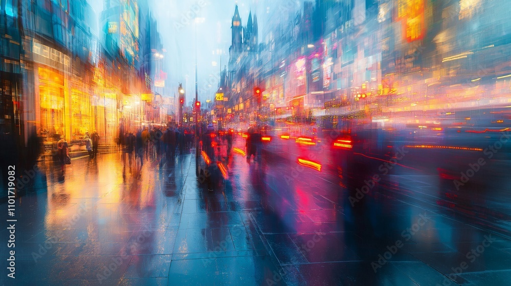 Blurry Busy city street at night, filled with people and vibrant lights Blurry Busy city street at night, filled with people and vibrant lights