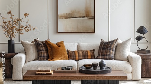 A cozy living room features a cream-colored sofa adorned with warm-toned throw pillows, creating a serene and inviting atmosphere. The room's neutral color palette.