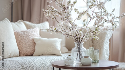 A cozy living room scene featuring a neutral color palette, fluffy pillows, and a stunning bouquet of white cherry blossoms in a glass vase. The room is filled with a sense of calm and serenity.