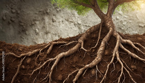 Detailed illustration of tree roots in soil, showcasing intricate underground texture and natural patterns, emphasizing ecological harmony, soil structure, and the interconnectedness of photo