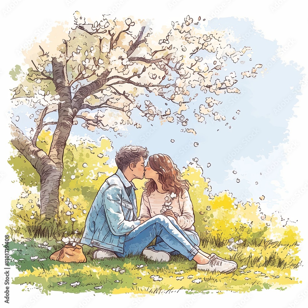 Romantic couple kissing under a blossoming tree in the park Romantic couple kissing under a blossoming tree in the park