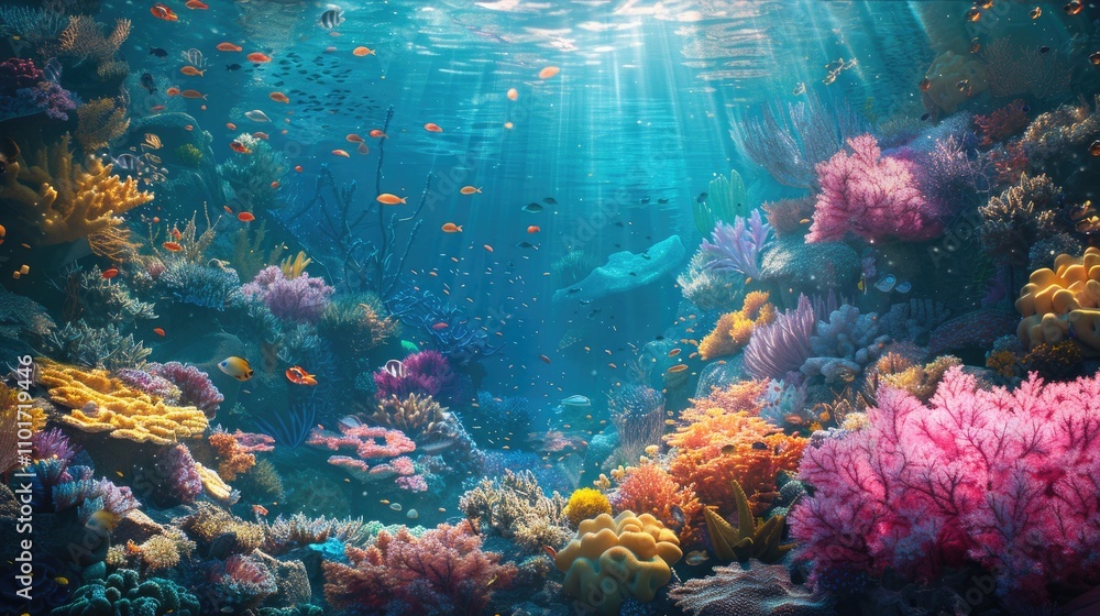 Fototapeta premium A beautiful landscape of a coral reef, teeming with marine life and color