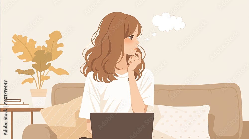 Thoughtful woman with laptop contemplating in cozy room setting Thoughtful woman with laptop contemplating in cozy room setting