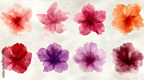 Watercolor Floral Illustration, Eight Delicate Blooms in Vibrant Hues on a Soft Beige Background