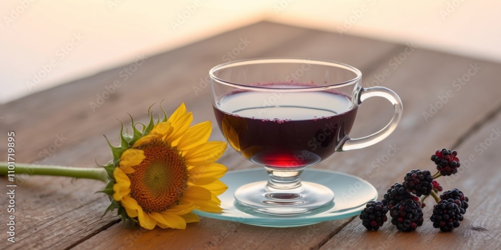 Elderberry tea in a glass cup on a wooden table with sunflower and elderberry under sunset light. Elderberry tea in a glass cup on a wooden table with sunflower and elderberry under sunset light.