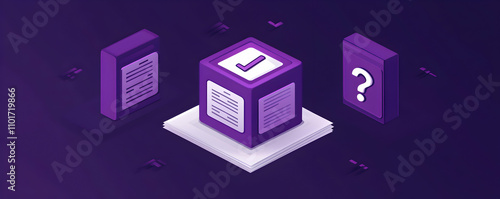 Abstract Isometric Illustration, Data Processing, Question & Answer, Document Management, Efficient Workflow, Purple Design, Digital Solutions