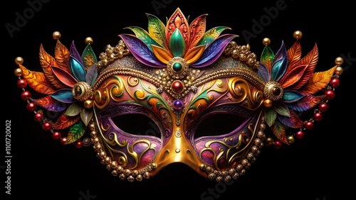 Exquisite Carnival Masquerade Mask Displayed on Black Background with Vibrant Colors, Perfect for Mardi Gras Celebrations and Festive Events, Isolated for a Striking Visual Experience