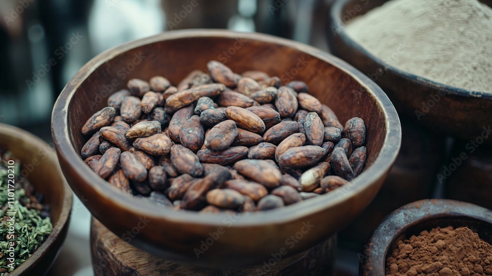 Fototapeta premium Close up of cacao beans arranged in a vintage wooden bowl, surrounded by raw cocoa powder and dried herbs