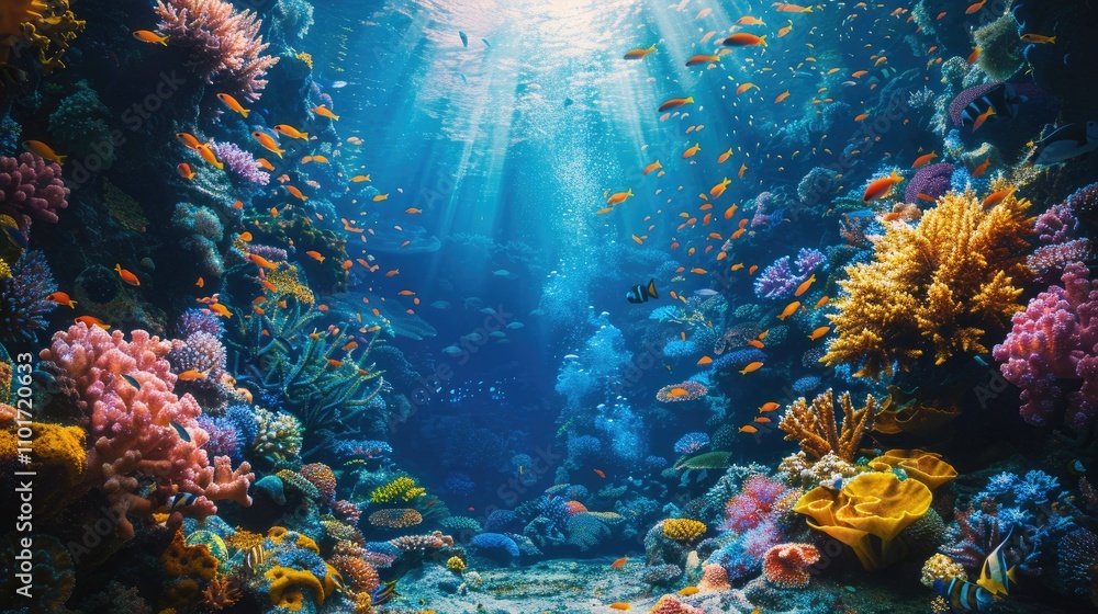 Naklejka premium A beautiful landscape of a coral reef, teeming with marine life and color