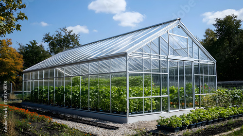 Large Glass Greenhouse Filled with Lush Green Plants under a Sunny Sky