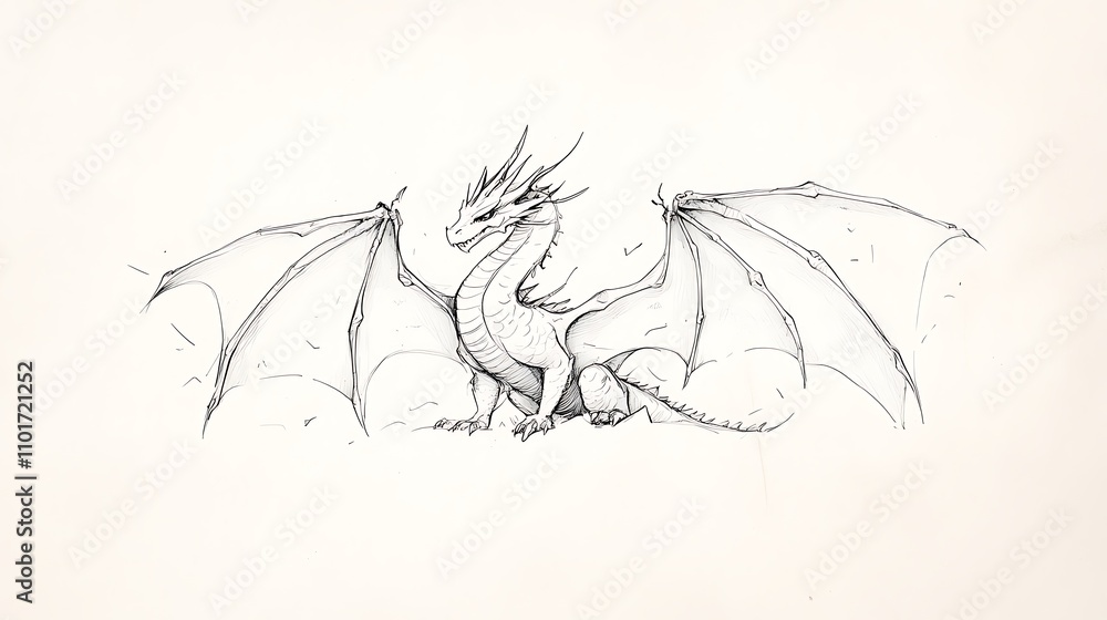 Majestic Pencil Sketch of a Dragon, Wings Spread Wide. AI Generated Majestic Pencil Sketch of a Dragon, Wings Spread Wide. AI Generated