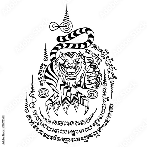 Yant Suea Tapop. a traditional Thai tattoo. The meaning is power, heroic, fearless, and protective. 
