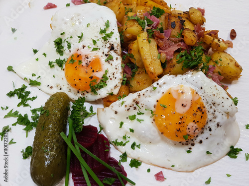 frische Bratkartoffeln mit Zwiebeln uns Speck photo