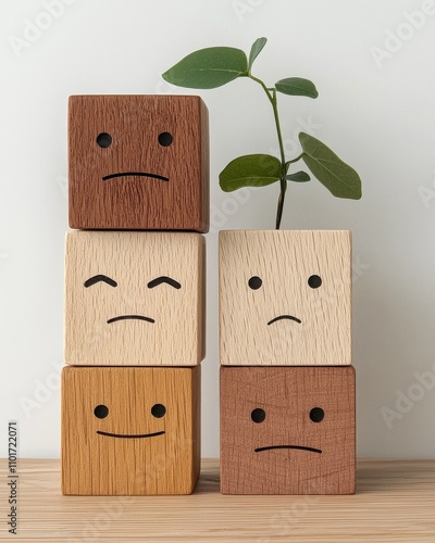 A stack of wooden blocks with expressive faces, featuring a small plant growing from the top block, symbolizing emotions and growth.