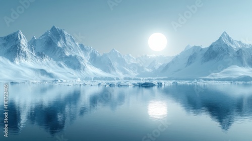 Serene Arctic Landscape with Majestic Mountains, Ice-Covered Water, and a Bright Sun Reflecting on a Tranquil Glacial Scene in a Soft Blue Palette