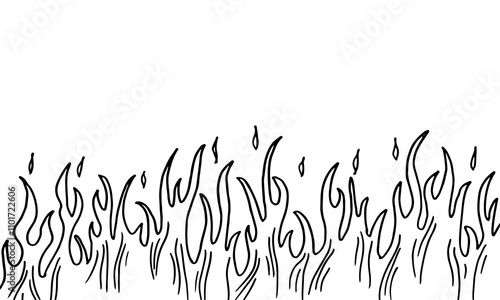 Row of hand-drawn doodle cartoon vector of fire flames on a white background.