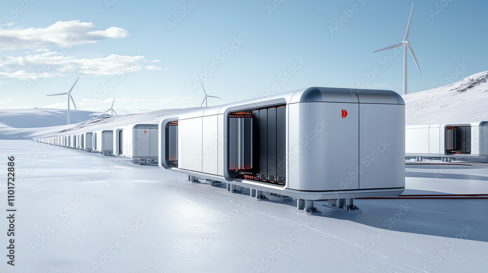 Harnessing peak energy innovative power storage solutions in a snowy landscape futuristic technology environment aerial view Harnessing peak energy innovative power storage solutions in a snowy landscape futuristic technology environment aerial view