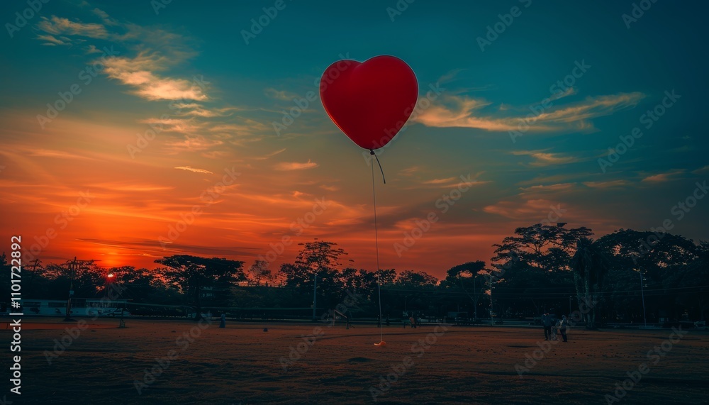 Fototapeta premium Romantic heart shaped balloon soars over couples strolling in a tranquil park setting