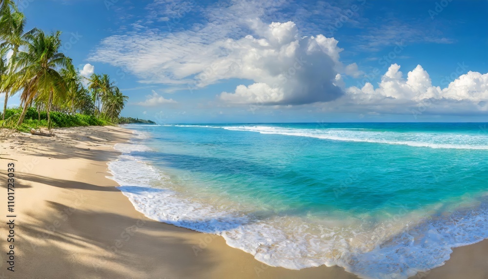 Breathtaking tropical beach panorama with a vast, serene seascape, featuring a wide horizon and vibrant blue skies that highlight the beautiful expanse of tranquil ocean and golden sandy Breathtaking tropical beach panorama with a vast, serene seascape, featuring a wide horizon and vibrant blue skies that highlight the beautiful expanse of tranquil ocean and golden sandy