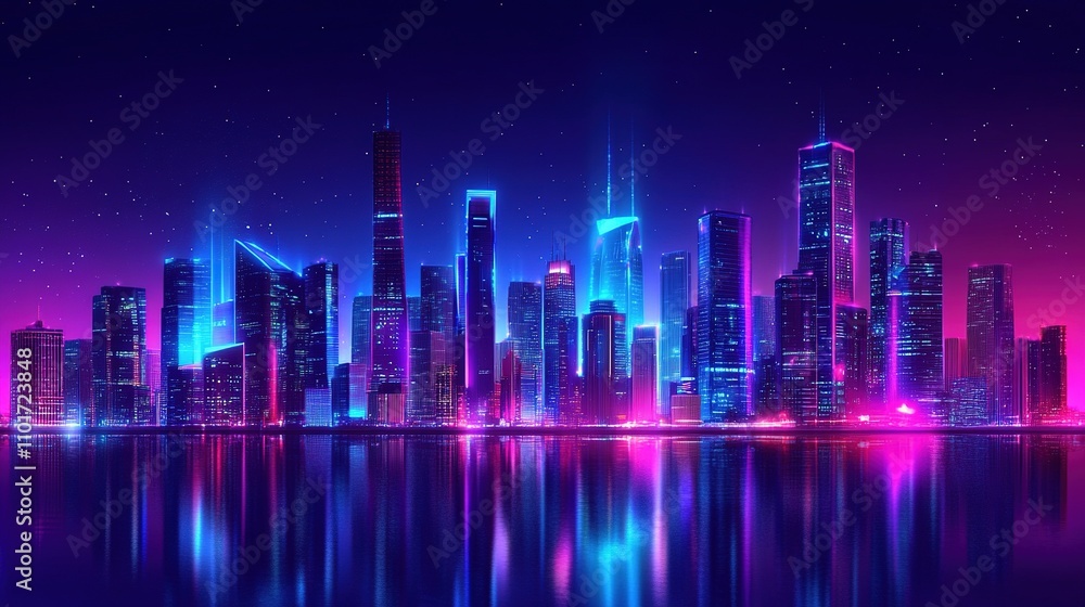 Vibrant Futuristic Cityscape with Neon Lights and Reflection Vibrant Futuristic Cityscape with Neon Lights and Reflection