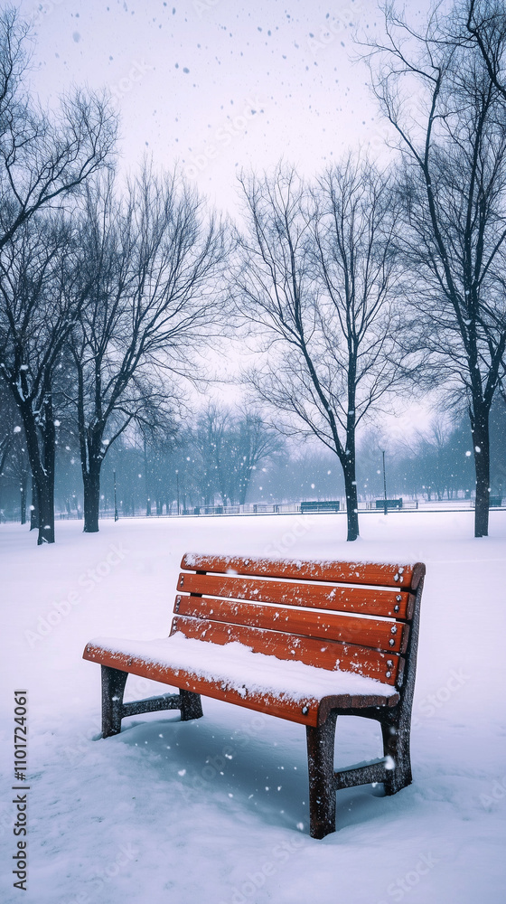 Snow-covered park bench in winter landscape Snow-covered park bench in winter landscape