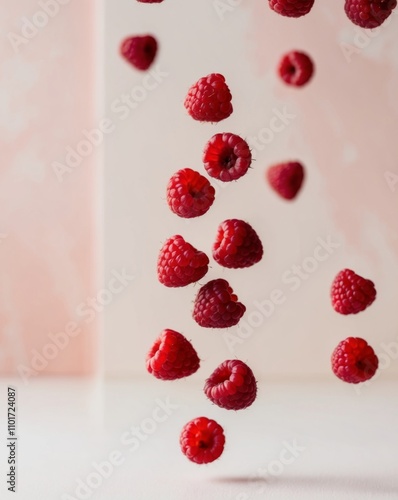 Various falling fresh ripe raspberries on light pink background horizontal composition. photo