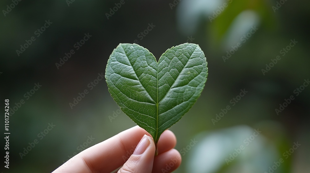 Close up of Hand Holding a Heart Shape Green leaf Close up of Hand Holding a Heart Shape Green leaf