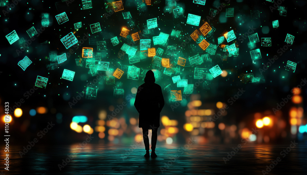 Cyber Bullying Abuse Awareness Support Concept. A silhouette stands beneath a canopy of vibrant, floating digital squares, illuminated against a dark urban backdrop, Cyber Bullying Abuse Awareness Support Concept. A silhouette stands beneath a canopy of vibrant, floating digital squares, illuminated against a dark urban backdrop,