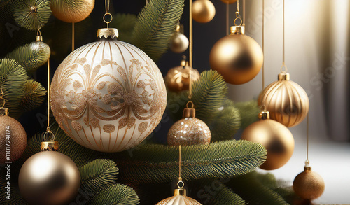 Christmas ball, decoration hanging from the tree with other balls in the background