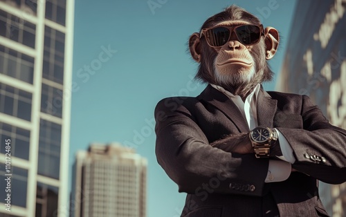 An anthropomorphic monkey in a business suit with sunglasses, arms crossed and holding a watch, set against a cityscape on a sunny day.  photo