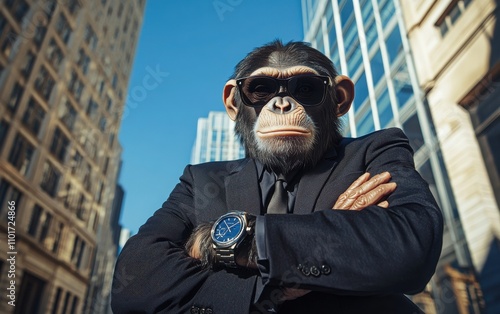 An anthropomorphic monkey in a business suit with sunglasses, arms crossed and holding a watch, set against a cityscape on a sunny day.  photo