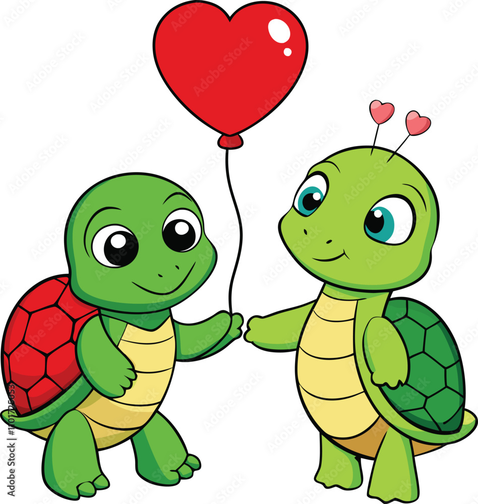 Obraz premium Adorable cartoon turtles holding a heart-shaped balloon, perfect for love, romance, and Valentine’s Day-themed designs or gifts.
