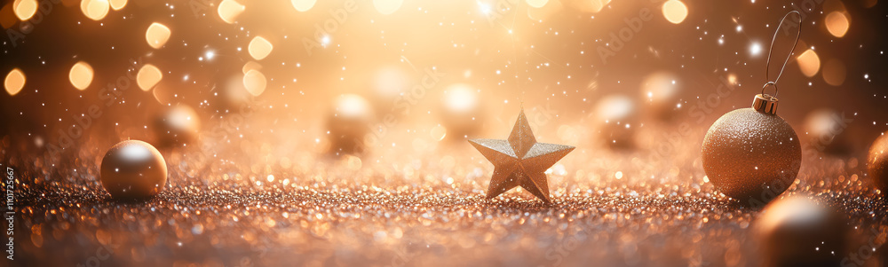 Beautiful simple Christmas background with sparkling lights and golden balls and stars. Card, banner and poster concept. Beautiful simple Christmas background with sparkling lights and golden balls and stars. Card, banner and poster concept.