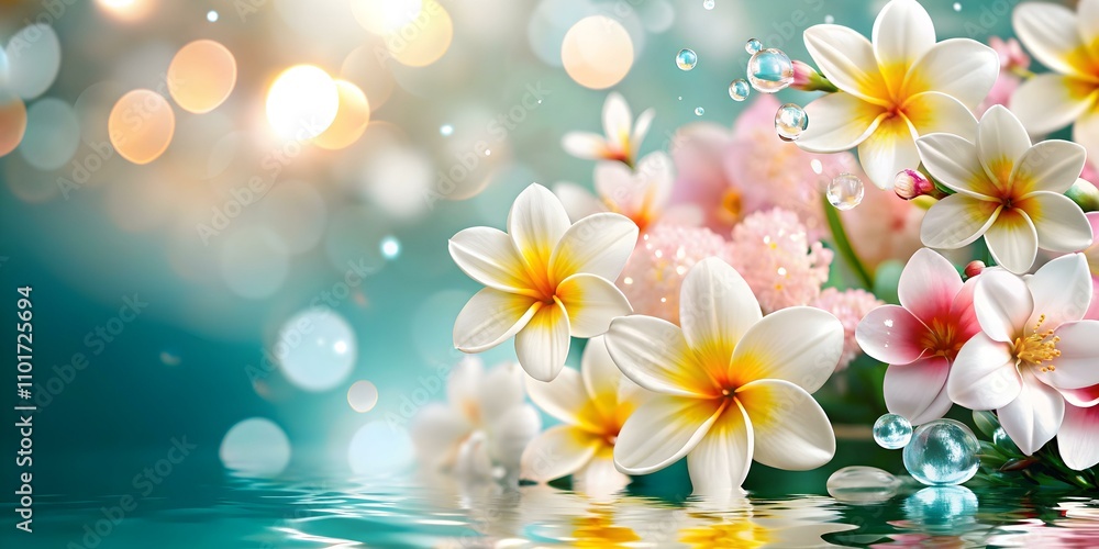 Glossy Background Blooming Flowers Water Droplets Copy Space Spa Wellness Retreat Photo Glossy Background Blooming Flowers Water Droplets Copy Space Spa Wellness Retreat Photo